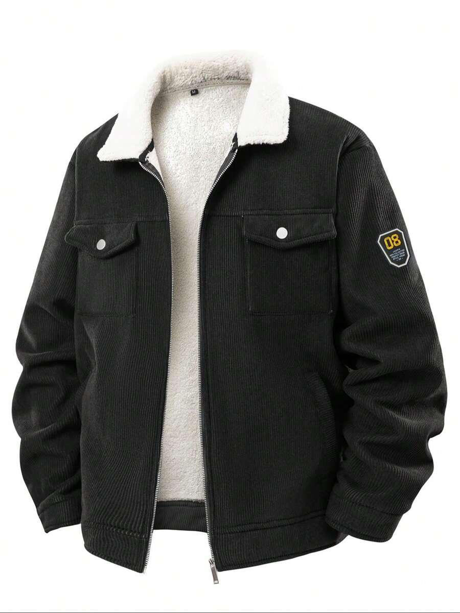 معطف من الكوردروي مع بطانة مخملية للرجال في فصلي الخريف والشتاء، بياقة بسيطة وألوان متباينة للراحة والدفء في الاستخدام اليومي والخارجي - الأسود - مشاهدة 1