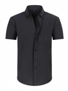 Men's Short Sleeve Casual Shirt In Solid Color Oxford Spun, Suitable For Summer,Wrinkle Resistant Office Work Shirt For Men - 黑色 - 查看 4