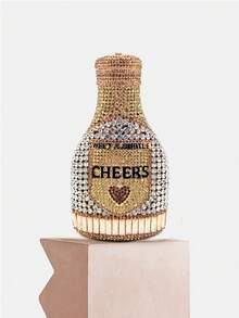 Women's Champagne Bottle Rhinestone Clutch - Sparkling Crystal Inlaid Evening Purse, All Handmade Metal BlingBling Handbag With Heart & Cheers Letters, Elegant Luxury For Parties/Banquets/Prom/Wedding Bride, Gift With Box - Champagne - View 2