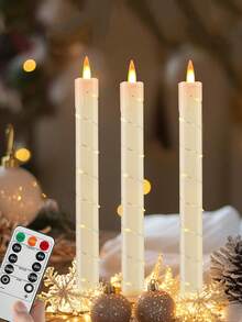 4Pcs/1PC Flameless Taper Candles, Battery Taper Candles Flickering Flame With Embedded Star String, Candle Sticks Battery Powered With Remote Control, Timer Function Ideal For Christmas - Ivory - View 2
