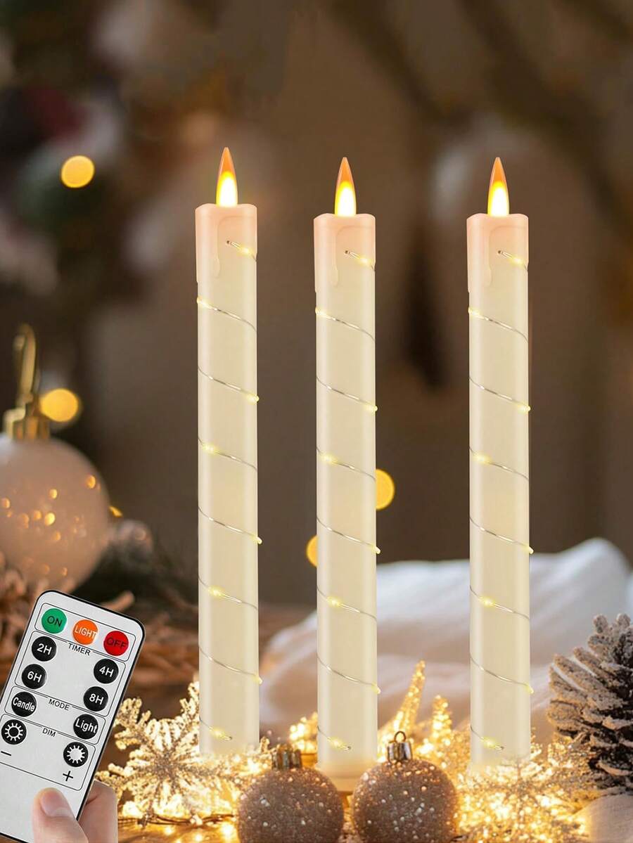 4Pcs/1PC Flameless Taper Candles, Battery Taper Candles Flickering Flame With Embedded Star String, Candle Sticks Battery Powered With Remote Control, Timer Function Ideal For Christmas