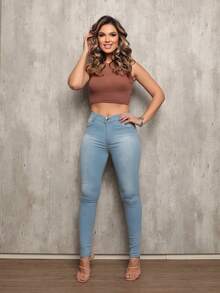 Women's  High Waisted Jeans With Butt Lifting Spandex - Màu xanh bạc hà - Xem 4