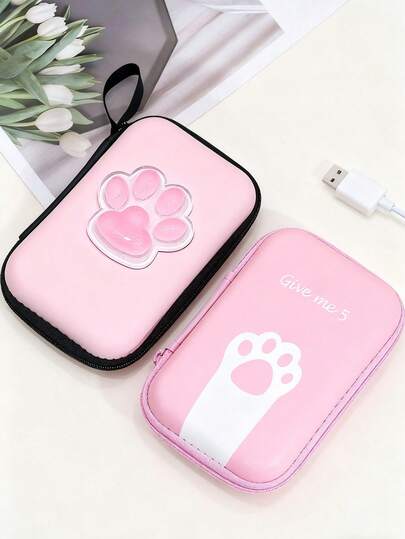 Pink Cute 3D Cat Paw Data Cable Organizer Pouch, Earphone Charger Electronics Storage Bag Electronic Organizer Waterproof Portable For Travel For Tech For Women For Men