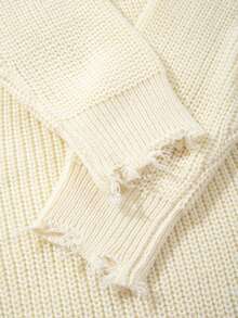 Men's Fashion Casual Versatile Daily Commute Home Wear Distressed Fringe Crew Neck Long Sleeve Loose Ribbed Pullover Knit Sweater Autumn/Winter - Apricot - View 9