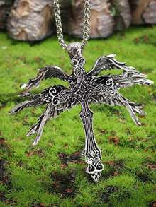 1 buc colier cu pandantiv cruce de înger vintage cu 6 aripi, colier cruce cu aripi în stil gotic punk pentru bărbați
