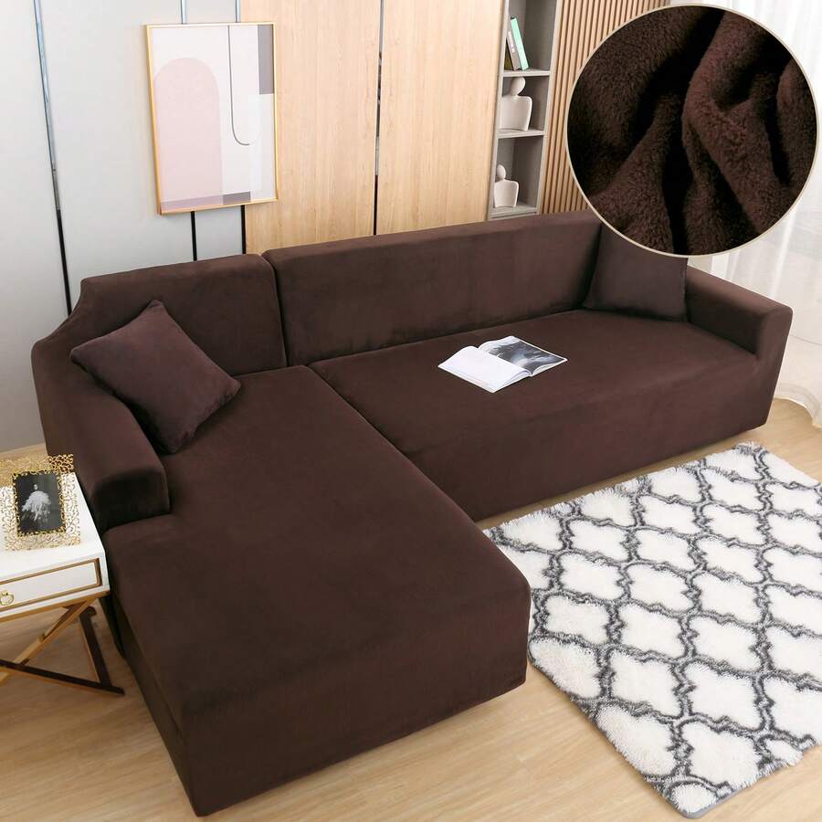 Set Of 2 Thick Plush Sofa Covers Stretch Sofa Covers Sofa Set Slipcover Furniture Protector For L-Shaped Corner Sofa (3+3 Seater) - Cà phê nâu - Xem 1