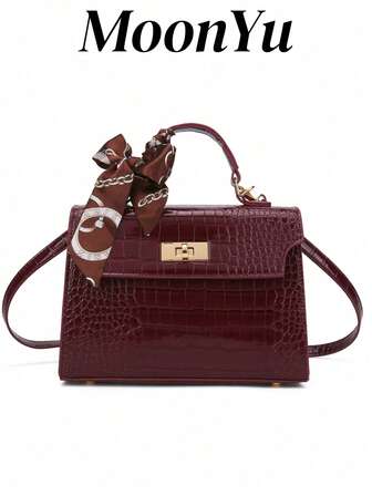 新款女士亮面鳄鱼纹手提包，大容量，时尚优雅高档围巾搭配斜挎包，酒红色，最佳母亲节礼物，动物印花女包，商务休闲女包，非常适合办公室商务和工作