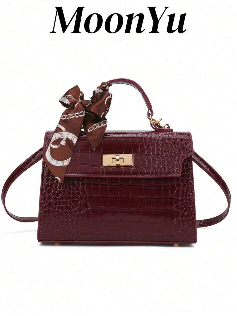 New Women Glossy Crocodile Print Handbag, Large Capacity, Fashion Elegant High-Grade Scarf Matching Crossbody Messenger Bag, Wine Red, Best Mother's Day Gifts Women, Animal Print Women Bag, Business Casual Woman Bag Perfect For Office Business And Work