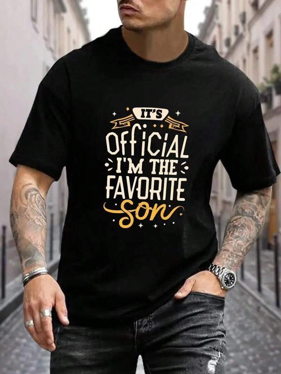 [Free Shipping][Heartfelt Gift] I'm The Favorite Son Men's T-Shirt - Beige, Casual Crew Neck With Decorative Graphic, 100% Polyester, Machine Washable - Perfect For All Seasons, Favorite Son T Shirt,Nightmare Before Christmas,Christmas,Halloween Costumes,Funny T Shirts,Summer Outfits,Thanksgiving Day,Men Graphic Tees,Streetwear Men,Freedom Shirt,Halloween Costumes For Men,Christmas,Funny Shirt,Graphic Tee,Vintage,Street Fashion, Sporty Casual, All Season, Y2K Clothing, Christmas, Gift For Boyfriend,Printed & Shipped In USA - Black - View 1