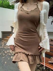 American Retro Wilderness Style Hot Girl Suspender Dress, Short Knit Ruffle Autumn/Winter Cardigan Fashion Two-Piece Suit - Váy nâu - Xem 1