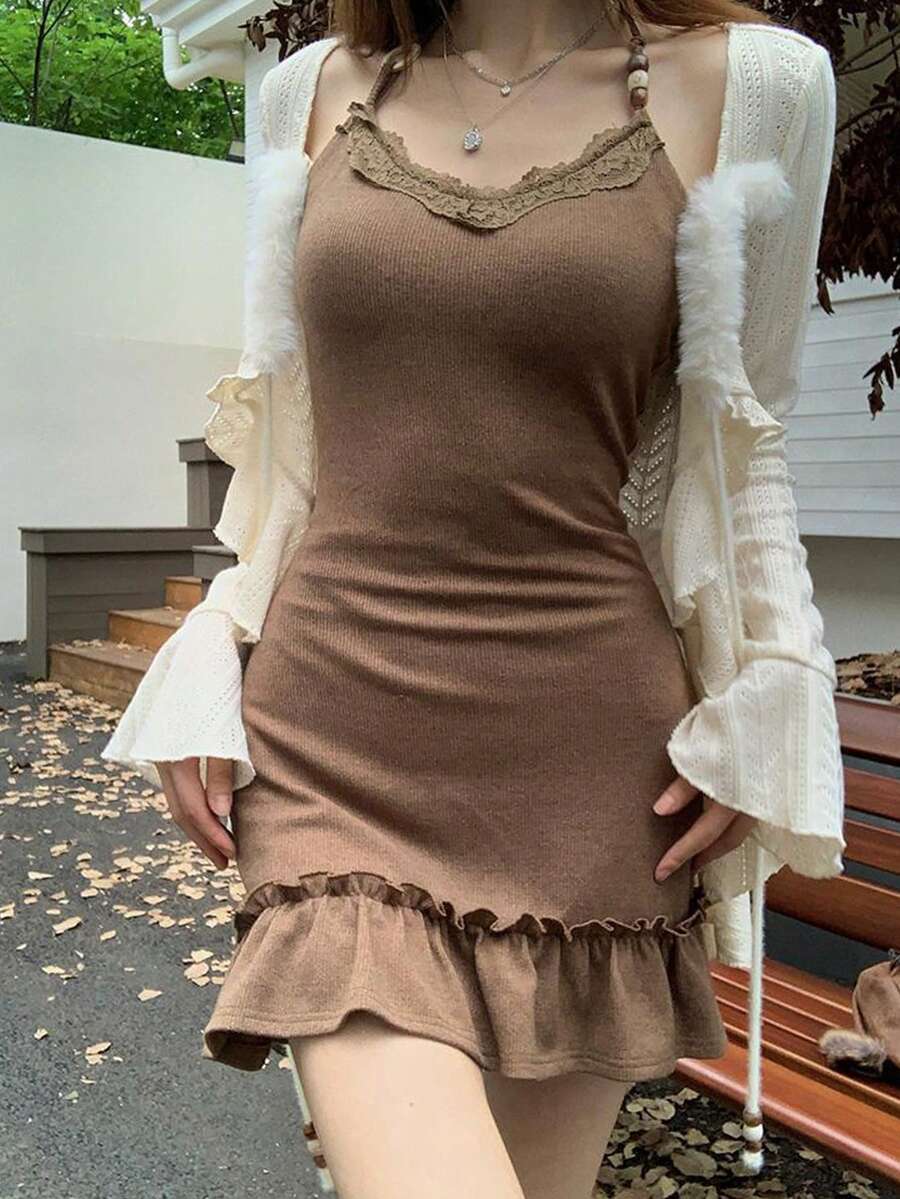 American Retro Wilderness Style Hot Girl Suspender Dress, Short Knit Ruffle Autumn/Winter Cardigan Fashion Two-Piece Suit - Váy nâu - Xem 1
