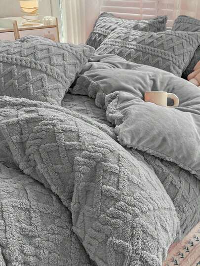 3 件套柔软毛绒天鹅绒羽绒被套套装，（1 个羽绒被套 + 2 个枕套），浅灰色，温馨舒适，适合卧室、客房