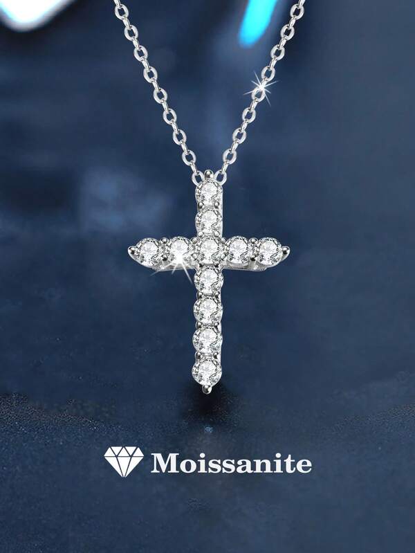 1pc 925 Sterling Silver 1.1ct Moissanite Cross Pendant Necklace, Elegant Jewelry Gift For Women, Suitable For Daily Wear, Wedding Anniversary, Mother's Day, Valentine's Day