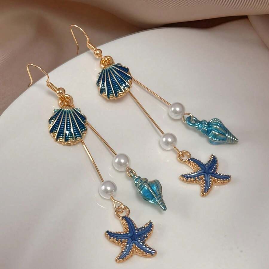 Pair Of Fashionable Summer Ocean Style Pink Conch Shell Pearl Earrings, Suitable For Women's Beach Vacation Decoration And Party Attendance - Màu xanh lam - Xem 1
