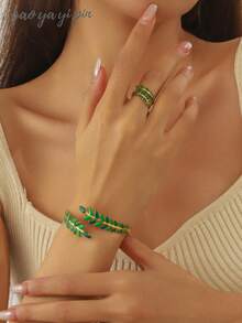 2 件奢华不锈钢 18k 镀金绿色珐琅叶和花手镯和戒指首饰套装，适合女性日常佩戴或送礼的优雅配饰 - 綠色 - 查看 2