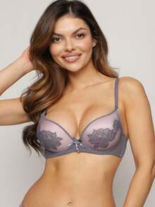 Sujetador con push-up con lazo decorativo y rosas - Gris - Ver 1