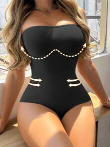 Feelingirl Summer Strapless Shapewear Bodysuit Tummy Control Seamless Thong Tube Top - màu đen - Xem 2