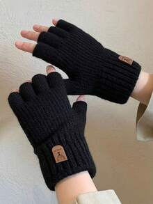 1pair Women's Autumn And Winter Dew Finger Thick Touch Screen Knitted Gloves, Outdoor Cycling Warm And Cold Winter Gloves