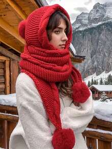 1pc Women's Knitted Beanie Hat With Integrated Scarf And 3 Pom-Pom Accessories, Thick Wool Lining Knitted Hat, Polyester, Non-Stretch, Machine Washable, With Winter Ear Protection