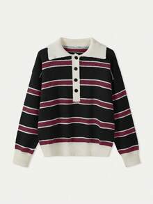 FOR BEAUTY 女士秋冬撞色条纹长袖针织 Polo 衫，时尚、温柔、简约、百搭、休闲舒适，适合日常通勤，舒适百搭，新年上衣 - 黑色 - 查看 4