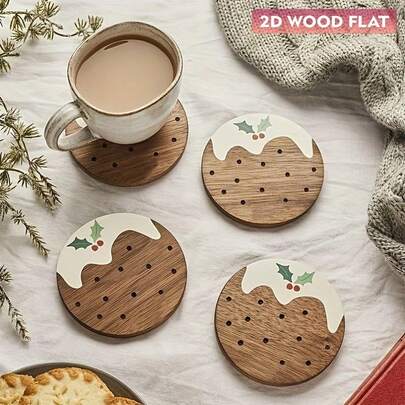 4 piezas/1 pieza Posavasos de madera con diseño de pudín de Navidad, posavasos de madera adecuados para decoración del hogar, oficina, cafetería, salón de té, decoración de mesa, decoración de restaurante, regalo, hogar y vida / cocina y restaurante / decoraciones de mesa y telas de cocina / posavasos, manteles individuales, Navidad