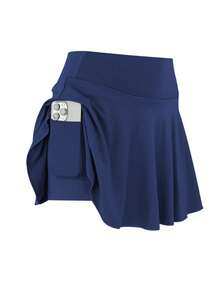 Women's 3pcs Sport Set - High Waist Skirt With Leggings & Pocket Shorts For Running - Black, White, Navy Blue - View 2