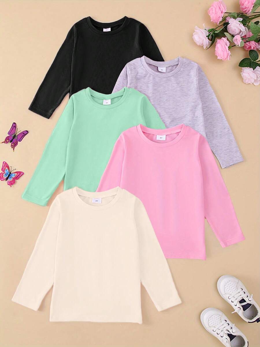5pcs/Set Girls' Solid Color Soft Comfortable Lightweight Knit Fabric Long Sleeve T-Shirt And Pants Set, Autumn/Winter - Multicolor - View 1
