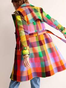 Valentine's Day, Date Night Outfit, Gifts For Her Magic Mia Plaid Double Breasted Trench Coat, Rainbow Colors, Women's Coat Fall-Winter 2024, Pockets, Chic And Stylish Style For Weekend Casual, Loose Fit - Multicolor - View 4