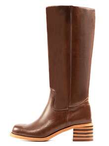 Wide Calf Brown PU Knee High Campus Boots For Women, Square Toe Chunky Block Low Heel Vintage Long Boots For Holiday - 棕色PU - 查看 4