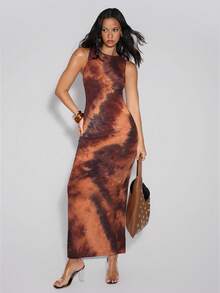 TypaGal Women's Slim Summer Floral Print Strap Bodycon Long Dress Brown Fall Autumn Winter Casual Sexy Chic Modern Going Out Elegant - Brown - View 4
