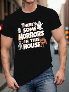 [Salidas casuales] Camiseta gráfica de manga corta casual para hombre de talla grande - Diseño espeluznante "Hay algunos horrores en esta casa" con esqueleto, momia y calabaza, en color beige, perfecta para Halloween o atuendo casual, TALLA GRANDE, Pesadilla antes de Navidad, Navidad, Disfraces de Halloween, Camisetas divertidas, Atuendos de verano, Día de Acción de Gracias, Camisetas gráficas para hombres, Ropa urbana para hombres, Camiseta de libertad, Disfraces de Halloween para hombres, Navidad, Camiseta divertida, Camiseta gráfica, Vintage - Negro - Ver 1