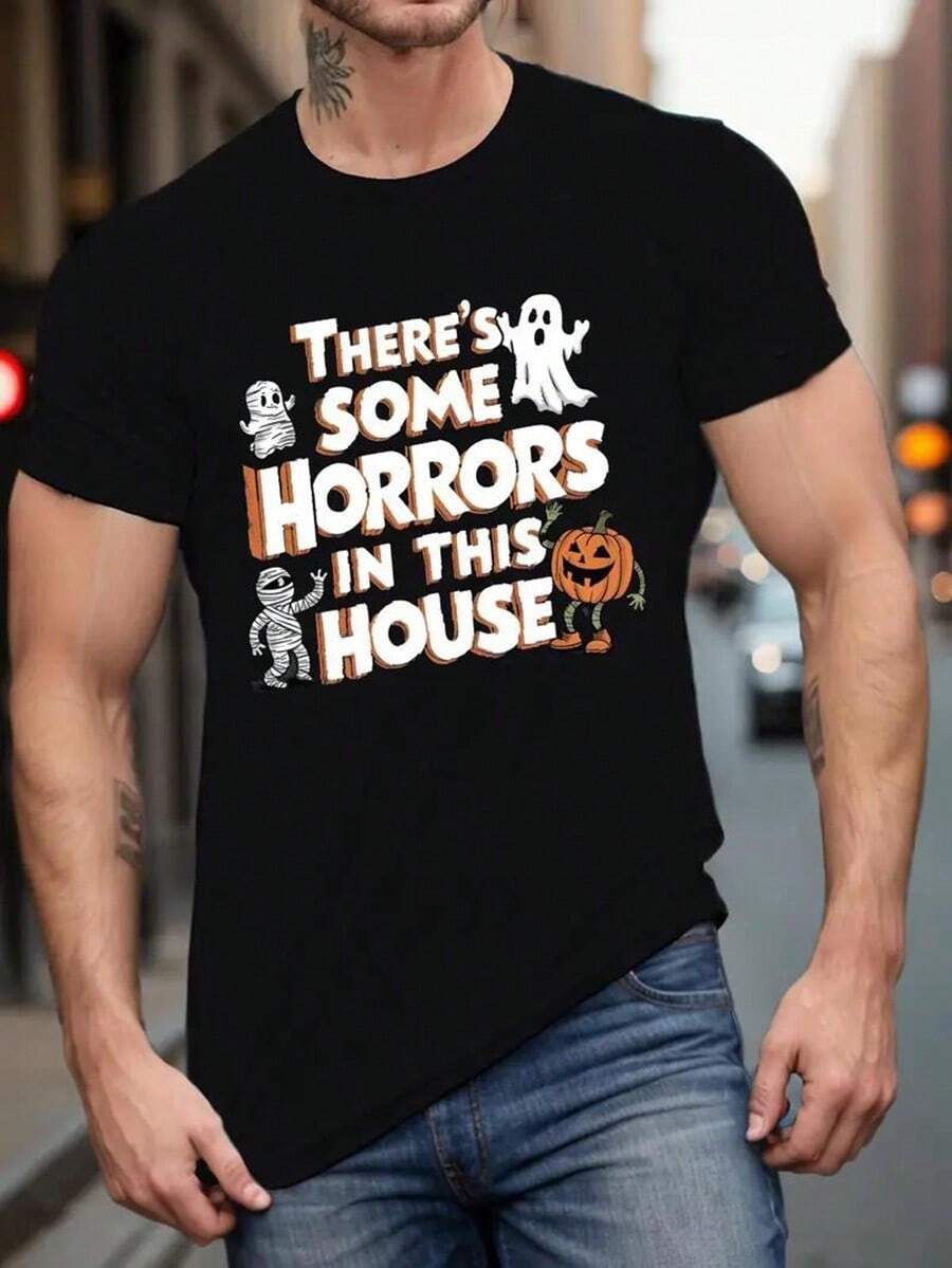 [Salidas casuales] Camiseta gráfica de manga corta casual para hombre de talla grande - Diseño espeluznante "Hay algunos horrores en esta casa" con esqueleto, momia y calabaza, en color beige, perfecta para Halloween o atuendo casual, TALLA GRANDE, Pesadilla antes de Navidad, Navidad, Disfraces de Halloween, Camisetas divertidas, Atuendos de verano, Día de Acción de Gracias, Camisetas gráficas para hombres, Ropa urbana para hombres, Camiseta de libertad, Disfraces de Halloween para hombres, Navidad, Camiseta divertida, Camiseta gráfica, Vintage - Negro - Ver 1