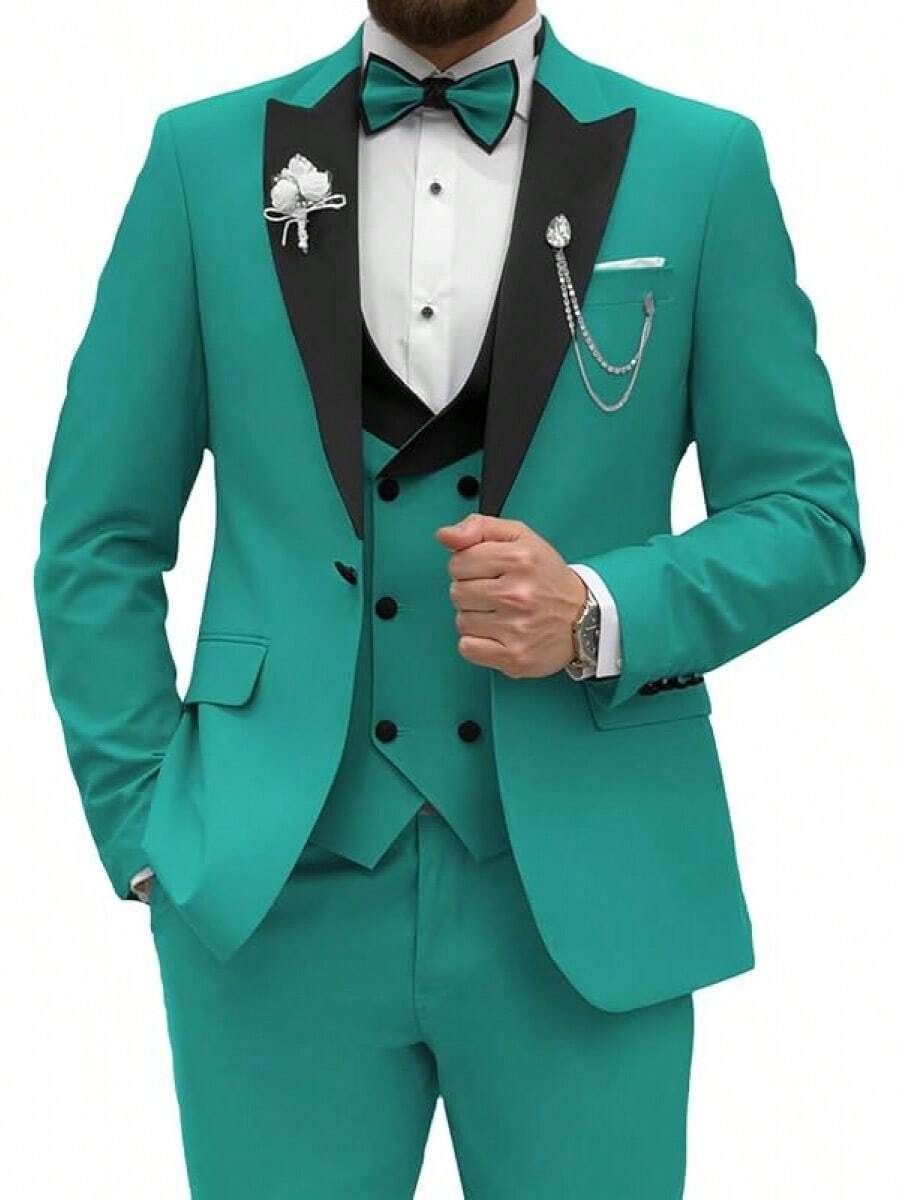 2026 Men's Casual Blazer & Pant Set Men's Tuxedo Suit 3 Piece Slim Fit Suit For Men Tuxedo For Men Wedding Party Dinner Prom Relaxed Stretch Fit For Smart Casual Events - 藍綠色 - 查看 1