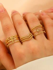 3pcs/Set Stainless Steel Leaf Line Decor Rings, Fashionable & Versatile For Everyday Wear