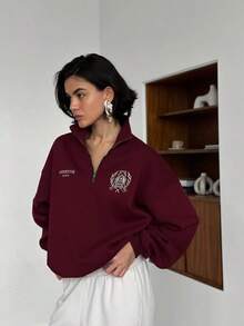 Sudadera holgada con cuello y cremallera para mujer, de manga larga y efecto estilizante, para otoño e invierno