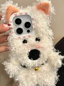 可爱蓬松卷毛狗毛柔软硅胶手机壳适用于 14/16/16 Pro/16 Pro Max/17，秋冬 - 白色 - 查看 7