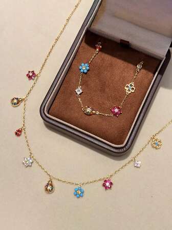 2pcs/Set (Can Be Selected Individually) Luxurious Dopamine Colorful Ladybug Pendant Bracelet Necklace Set With Zirconia, Delicate Jewelry Suitable For Women's Daily, Festival, Party Wear, Gift For Girlfriend, Best Friend (Shipped Without Box)