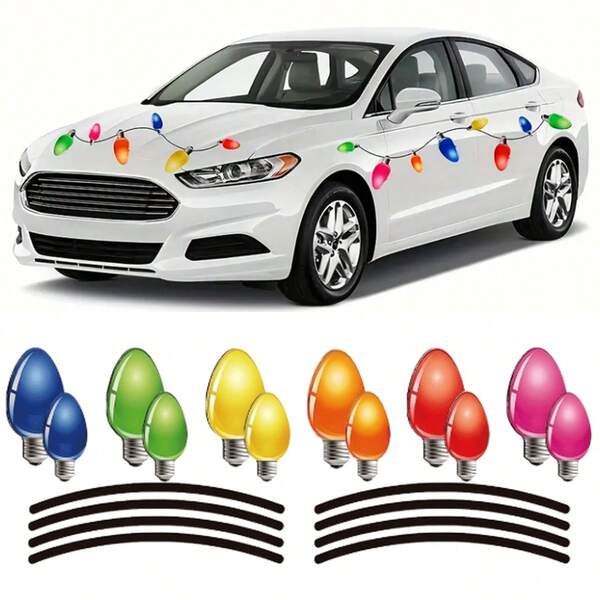 20pcs/Set Xmas Holiday Christmas Lights Bulb Car Decal Window Sticker, Aesthetic Cute Car Sticker For Office Home Whiteboard Car Decor, Suitable For Cars, Refrigerators, Garages, Mailboxes, Christmas, New Year, Valentine's Day, Easter, Birthday - Interior/Party Decoration
