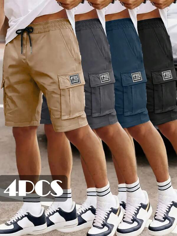 PINELF Pack de 4 pantalones cortos cargo de verano para hombre: sin elásticos, estilo informal con bolsillos, corte holgado, ideales para deportes al aire libre, fiestas callejeras y viajes. Pantalones deportivos versátiles, sencillos y a la moda.