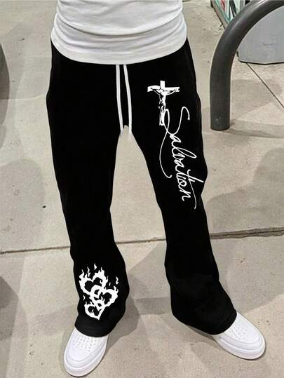 Pantalones de chándal holgados con estampado gráfico vintage para hombres, con cordón en la cintura. Pantalones de chándal acampanados de moda, pantalones anchos para hombres, para rave, vuelta al colegio, estilo de los 2000