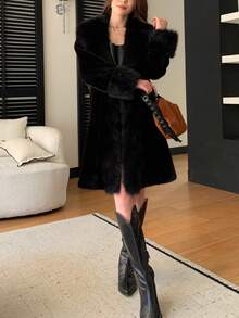 女士优雅仿毛领冬季夹克 - 黑色 - 查看 6