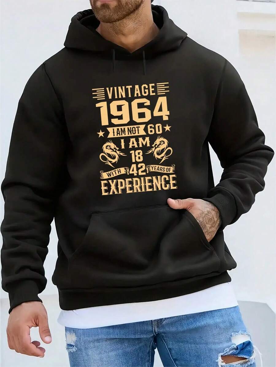 1964 Sweat-shirt-shirt vintage imprimé pour hommes, col rond, poche kangourou, manches longues, capuche, style décontracté ample. Cadeau pour hommes en automne et hiver - Noir - Voir 1