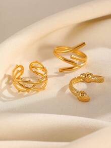 3pcs/Set Fashion New Striped Texture Leaf & Snake Decor 18K Gold Plated Stainless Steel Adjustable Open Ring Set, Casual Versatile Vintage Style Jewelry For Women, Suitable For Daily Wear