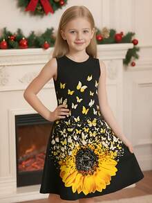Girls' Casual Elegant 3D Sunflower & Butterfly Print Sleeveless Cute Dress, Suitable For Everyday, Vacation, Party, Graduation, Back To School, Christmas