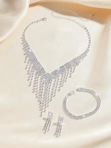 4pcs Elegant Geometric Tassel Rhinestone Jewelry Set Including Necklace, Earrings, Bracelet, Suitable For Women's Daily, Gifts, Weddings, Parties, Versatile And High-End
