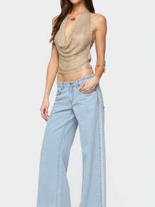 Women Y2K Knit Cowl Neck Backless Top Deep V Neck Tie-Up Open Back Halter Crop Top Party Club Cami Vest Shirt - Vàng - Xem 5