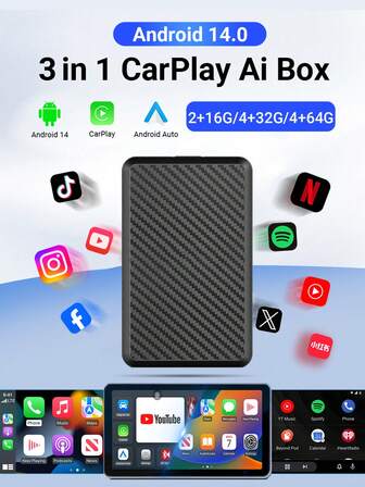 XUDA 2025 New Android /Wireless CarPlay/ Android Auto 3-In-1 Ai Box Quad-Core 2+16GB/4+32GB/4+64GB Storage Car Smart Box With Built-In Large Number Of APPs Stable Transmission Video Playback, Voice Control, GPS Navigation, Wireless And Wi-Fi Connection
