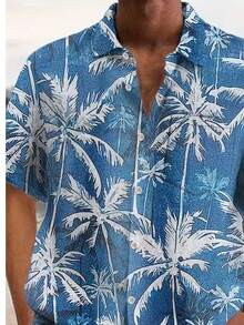 Plus Size Men's Summer Vacation Coconut Tree Print Button-Front Short Sleeve Shirt - Màu xanh lam - Xem 4