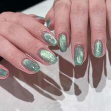 Coffin Press On Nails Long Fake Nails Green Chrome Glue On Nails 24Pcs Cat Eye Shiny Ballerina Acrylic Nails For Women And Girls - 多色6 - 查看 1
