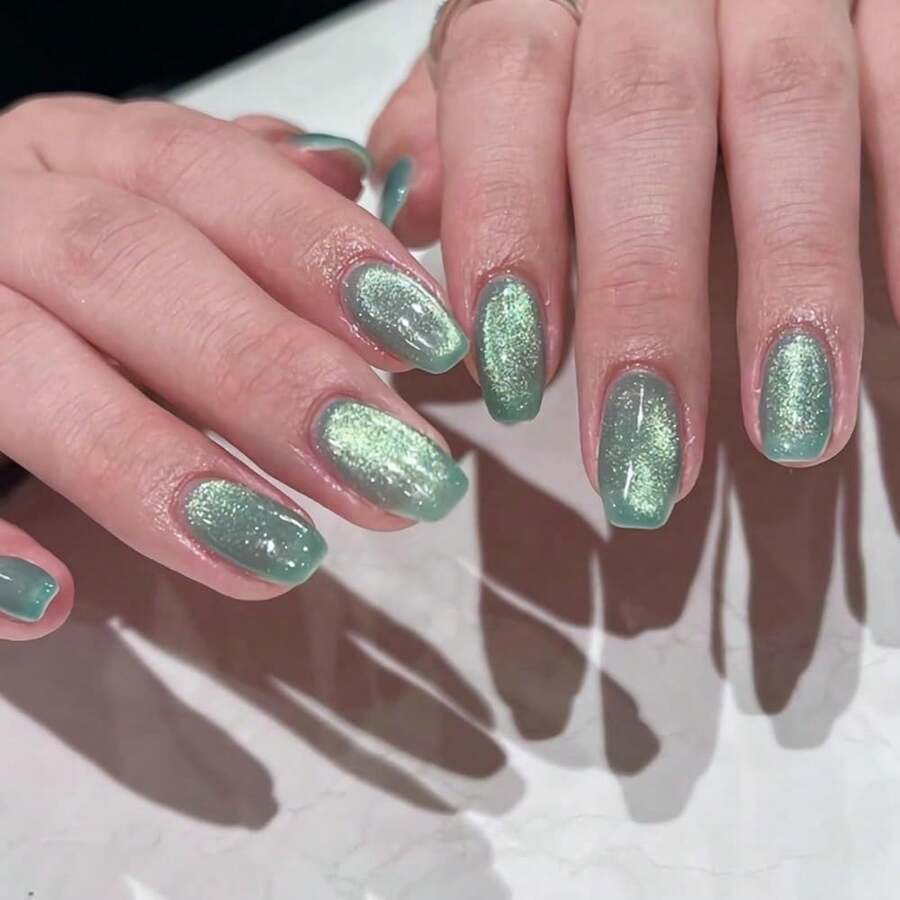Coffin Press On Nails Long Fake Nails Green Chrome Glue On Nails 24Pcs Cat Eye Shiny Ballerina Acrylic Nails For Women And Girls - 多色6 - 查看 1